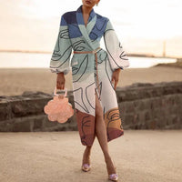 Women's Geo Print Lantern Sleeve Shawl Collar Wool Blend Coat