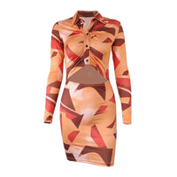 Women's Geo Print Long Sleeve Cut Out Button Front Mini Bodycon Dress
