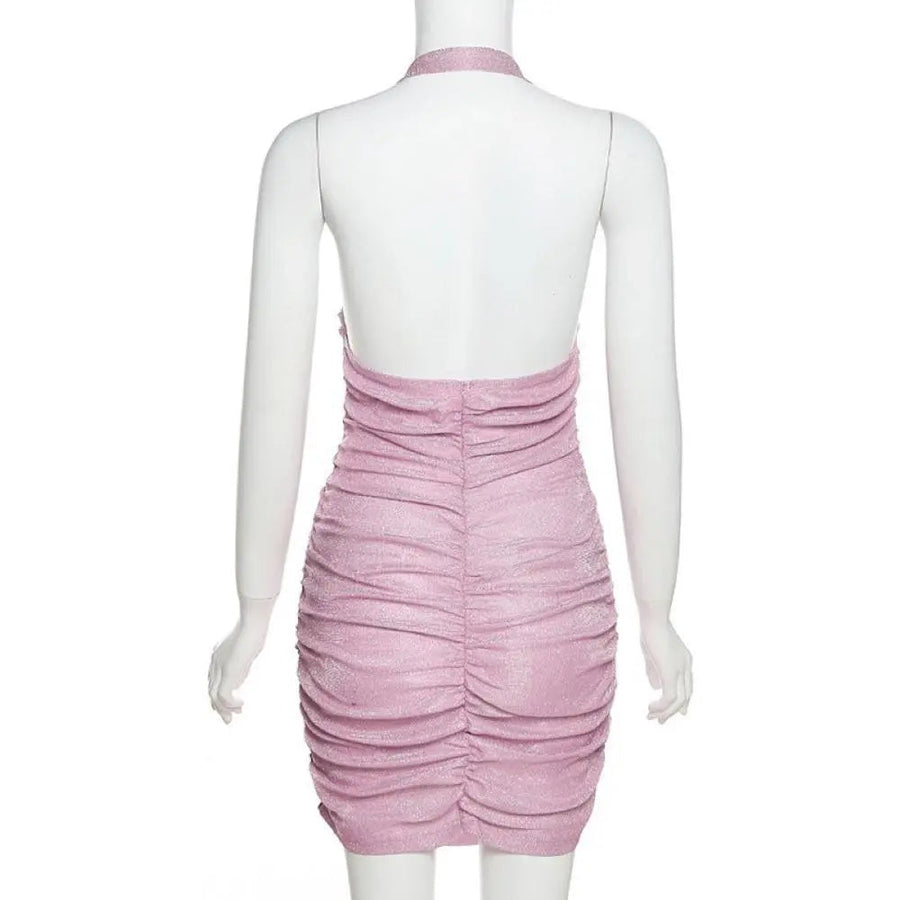 Women's Glitter Backless Halter Neck Ruched Mini Bodycon Dress