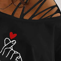 Women's Graphic Print Cut Out Shoulder Short Sleeve Strappy T Shirt