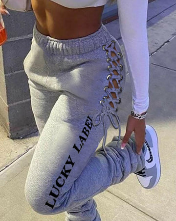 Women's Graphic Print Lace Up Stacked Sweatpants