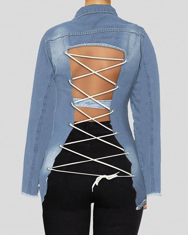 Women's Half Sleeve Lace Up Back Ripped Button Down Denim Jacket