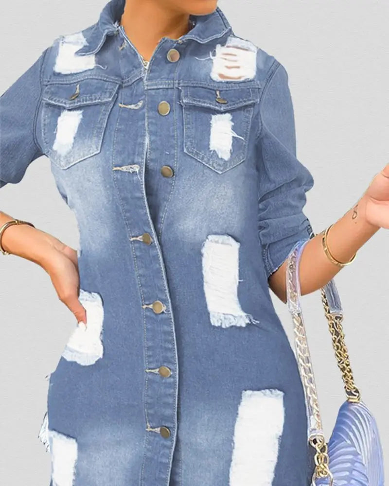 Women's Half Sleeve Lace Up Back Ripped Button Down Denim Jacket
