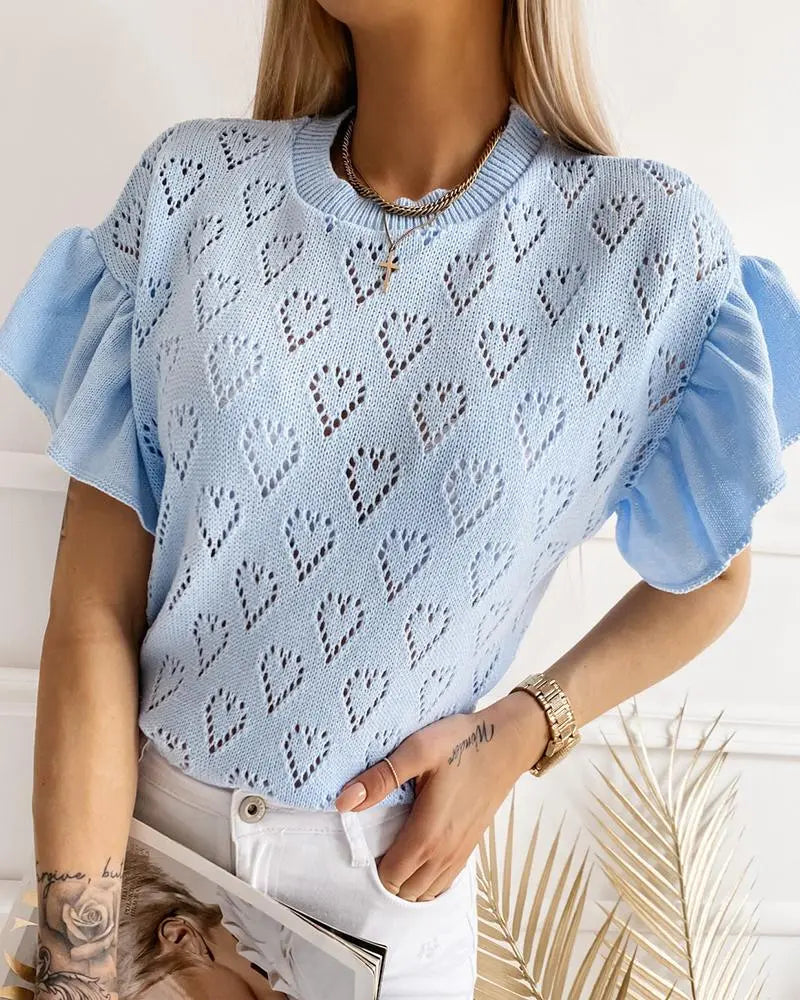 Women's Heart Print Ruffle Short Sleeve Knitted Blouses