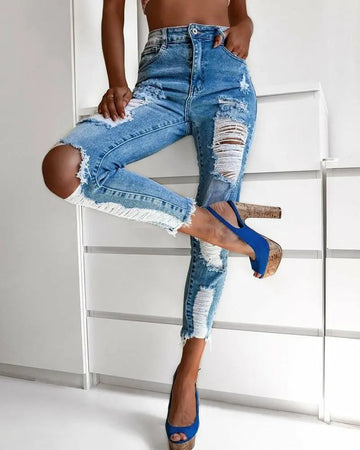 Women's High Waist Ripped Taperd Cropped Denim Jeans