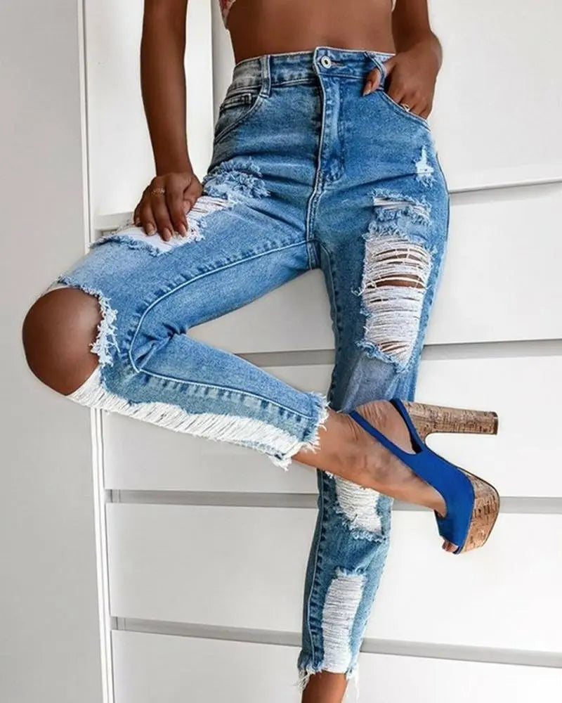 Women's High Waist Ripped Taperd Cropped Denim Jeans