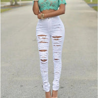 Women's High Waist Solid Ripped Distressed Skinny Denim Jeans