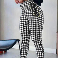 Women's Houndstooth Print High Waist Lace Up Skinny Pants