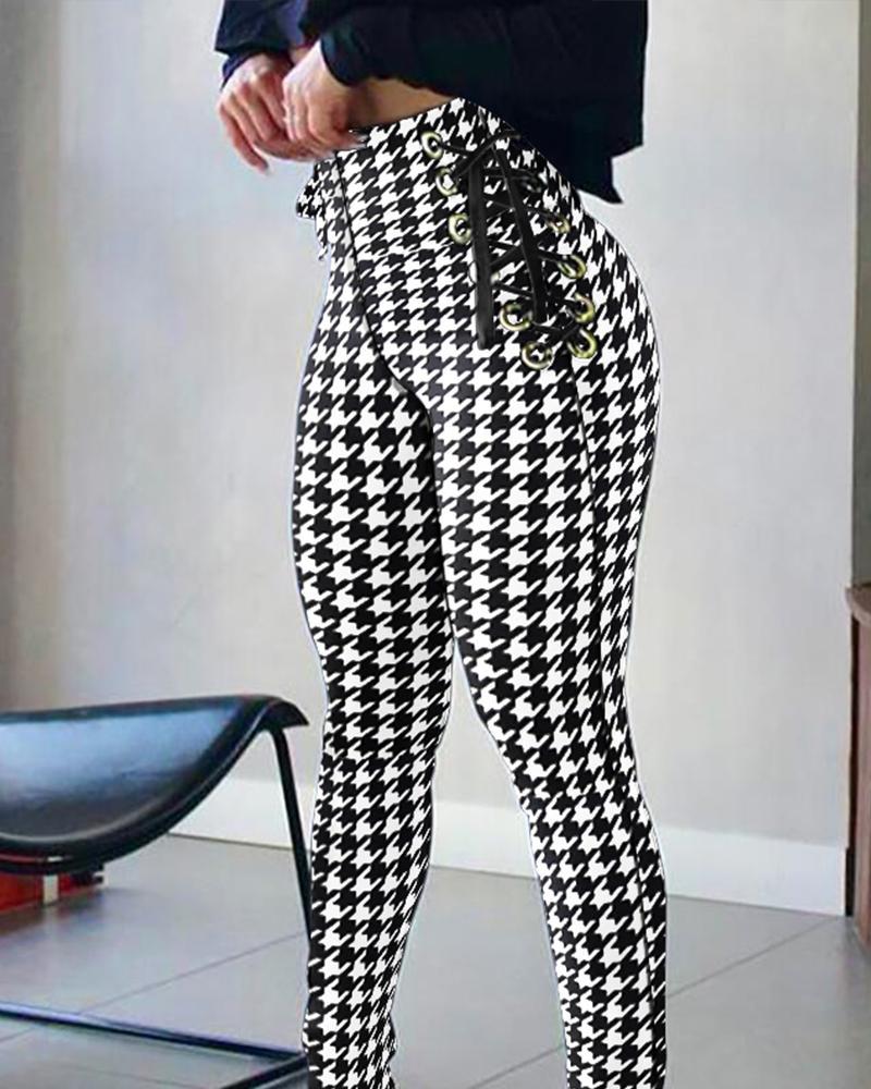 Women's Houndstooth Print High Waist Lace Up Skinny Pants