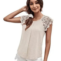 Women's Lace Cap Sleeve Round Neck Solid Blouses