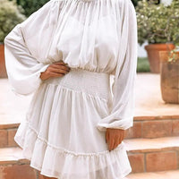 Women's Lantern Sleeve Shirred Waist Ruffle A Line Mini Dress