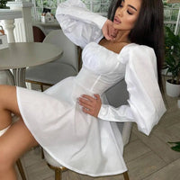 Women's Lantern Sleeve Square Neck Ruched Bust A Line Mini Dress