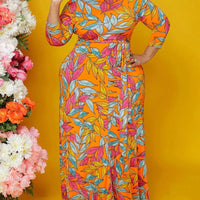 Women's Leaves Print 3/4 Sleeve Boat Neck Belted Maxi Dress