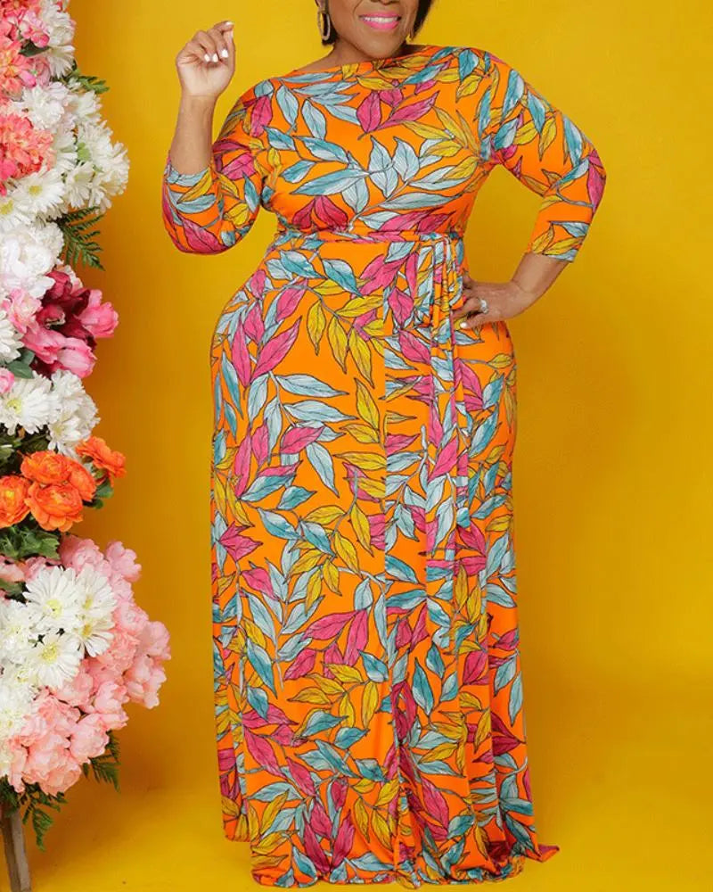 Women's Leaves Print 3/4 Sleeve Boat Neck Belted Maxi Dress