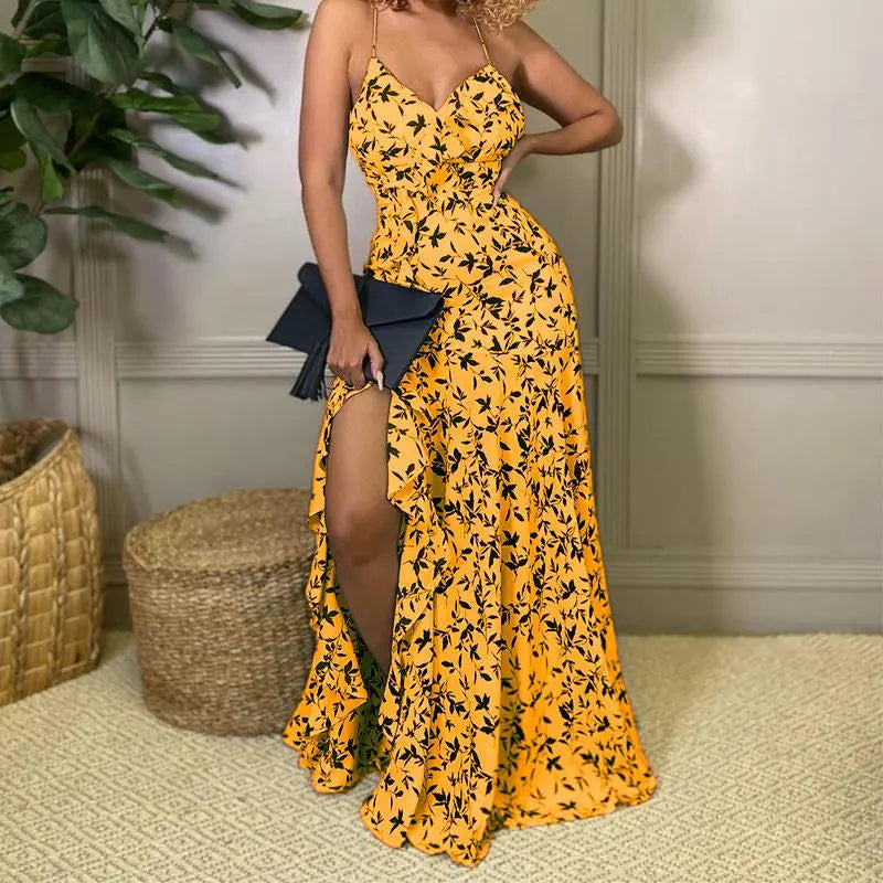 Women's Leaves Print Sleeveless Ruffle Trim Split Maxi Cami Dress