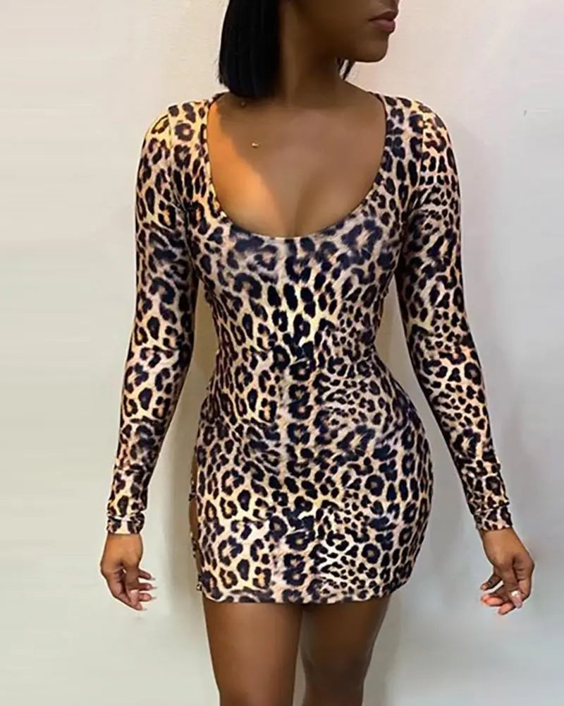 Women's Leopard Lace Up Backless Long Sleeves Bodycon Party Mini Dresses