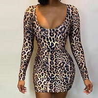 Women's Leopard Lace Up Backless Long Sleeves Bodycon Party Mini Dresses