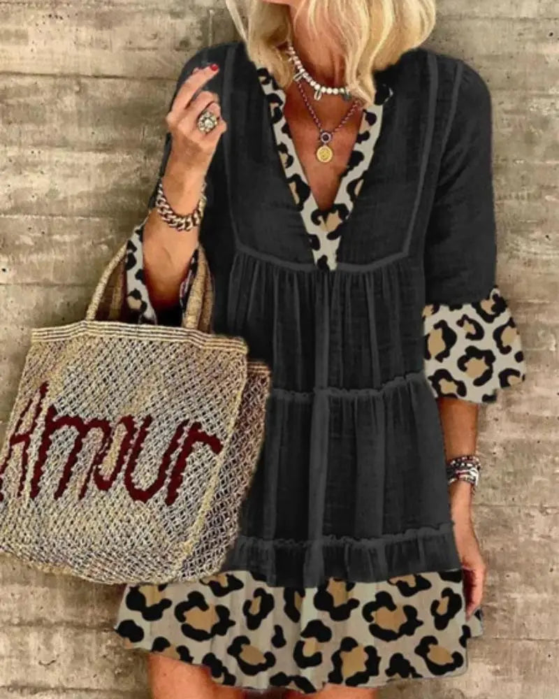 Women's Leopard Print 3/4 Sleeve V Neck Mini Dress