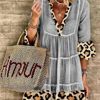 Women's Leopard Print 3/4 Sleeve V Neck Mini Dress