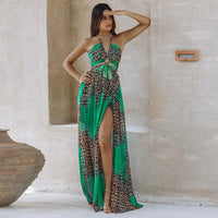 Women's Leopard Print Backless Halter Neck Split Maxi Dress