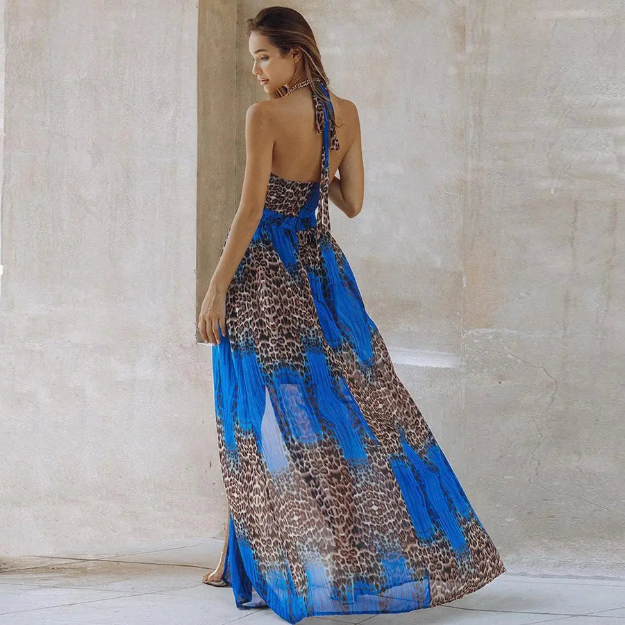 Women's Leopard Print Backless Halter Neck Split Maxi Dress