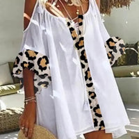 Women's Leopard Print Cold Shoulder V Neck Loose Mini Dress