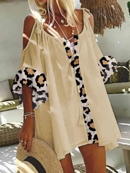 Women's Leopard Print Cold Shoulder V Neck Loose Mini Dress