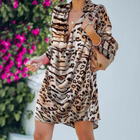 Women's Leopard Print Cowl Neck Lapel Shirt Dress