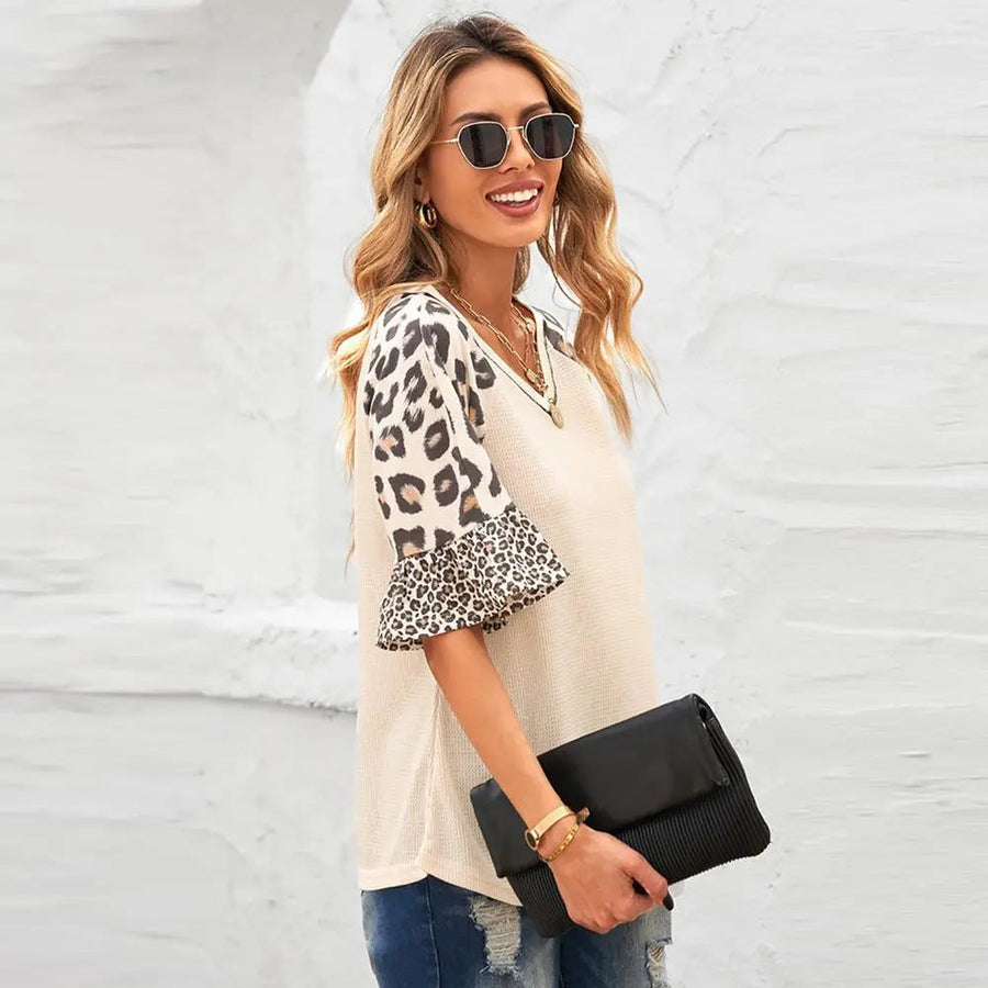 Women's Leopard Print Flunce Short Sleeve V Neck T Shirts