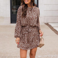 Women's Leopard Print Lantern Sleeve Belted Mini Dress