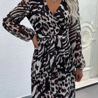 Women's Leopard Print Lantern Sleeve Surplice V Neck Belted Midi Dress
