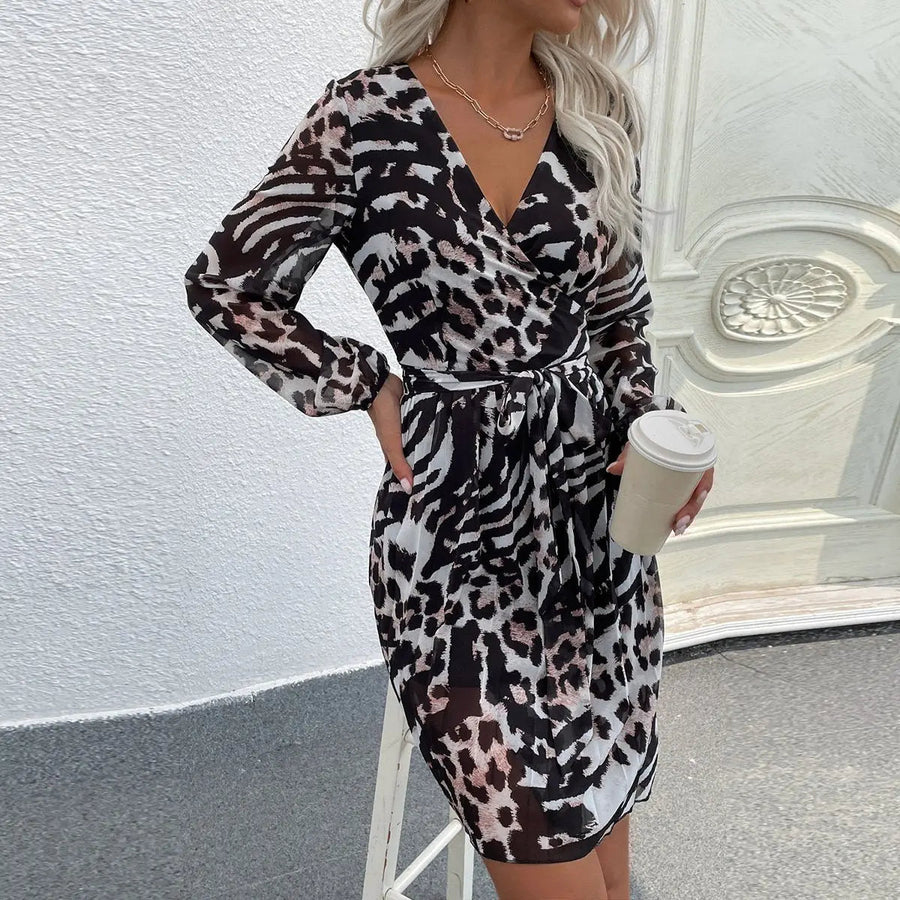 Women's Leopard Print Lantern Sleeve Surplice V Neck Belted Midi Dress