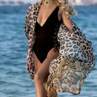 Women's Leopard Print Long Sleeve Belted Kimono Cover Ups