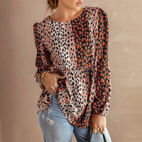 Women's Leopard Print Long Sleeve Ruffle Peplum Blouses