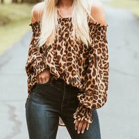 Women's Leopard Print Off The Shoulder Long Sleeve Shirred Blouses