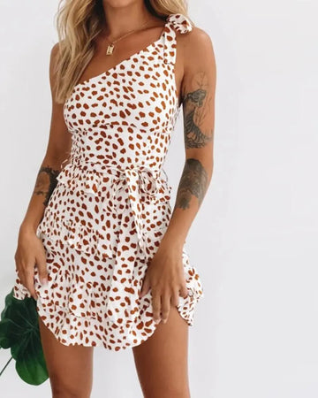 Women's Leopard Print One Shoulder Sleeveless Belted A Line Mini Dress