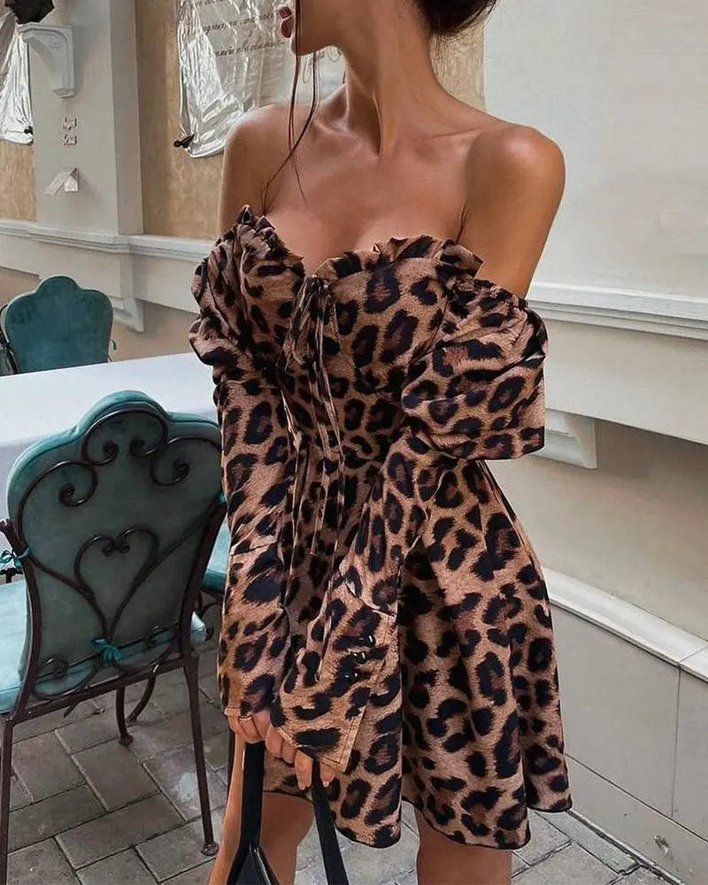 Women's Leopard Print Puff Sleeve Waist Dress