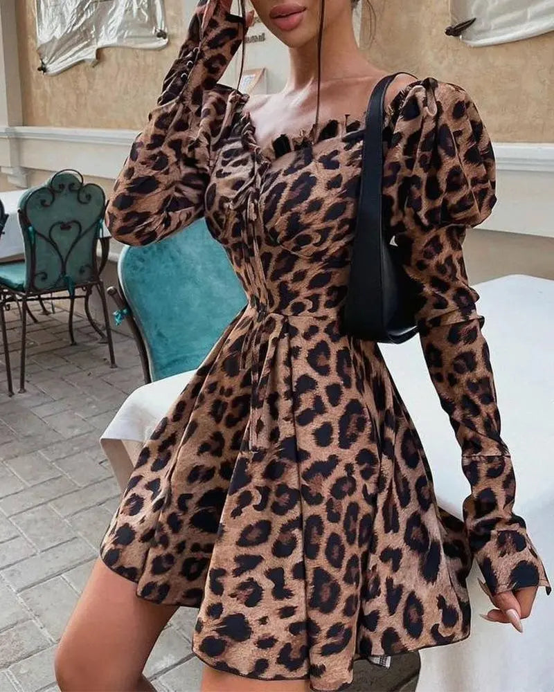 Women's Leopard Print Puff Sleeve Waist Dress