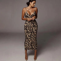 Women's Leopard Print Sleeveless Double Strap V Neck Midi Bodycon Dress