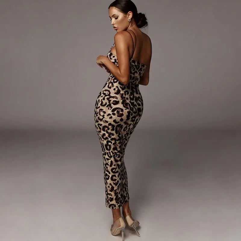 Women's Leopard Print Sleeveless Double Strap V Neck Midi Bodycon Dress