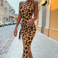 Women's Leopard Print Sleeveless Open Back Midi Bodycon Dress