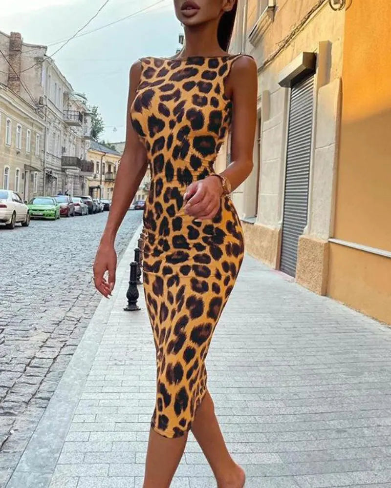Women's Leopard Print Sleeveless Open Back Midi Bodycon Dress