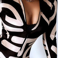 Women's Leopard Print Zipper Up Deep V Bodysuit With Thumb Hole