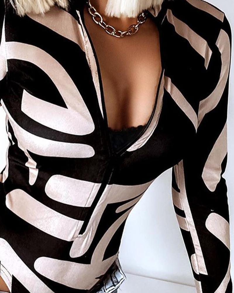 Women's Leopard Print Zipper Up Deep V Bodysuit With Thumb Hole
