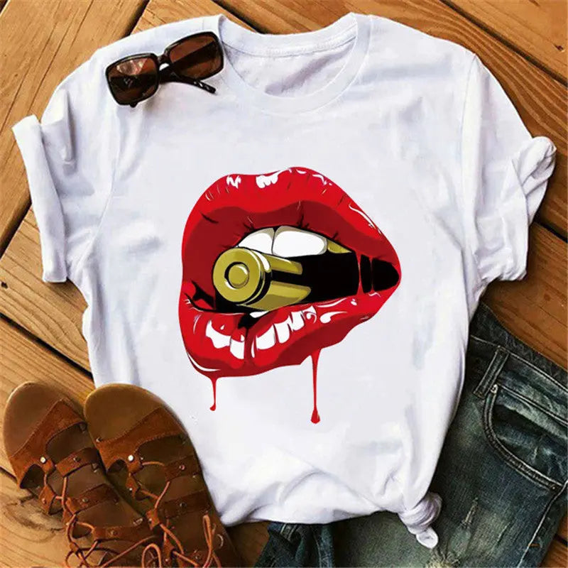 Women's Lips Print Short Sleeve Summer Basic T Shirts