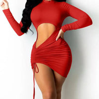 Women's Long Sleeve Cut Out Front Drawstring Ruched Mini Bodycon Dress