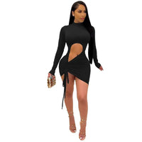 Women's Long Sleeve Cut Out Front Drawstring Ruched Mini Bodycon Dress