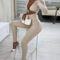 Women's Long Sleeve Tie Front Hollow Out Bodycon Jumpsuit
