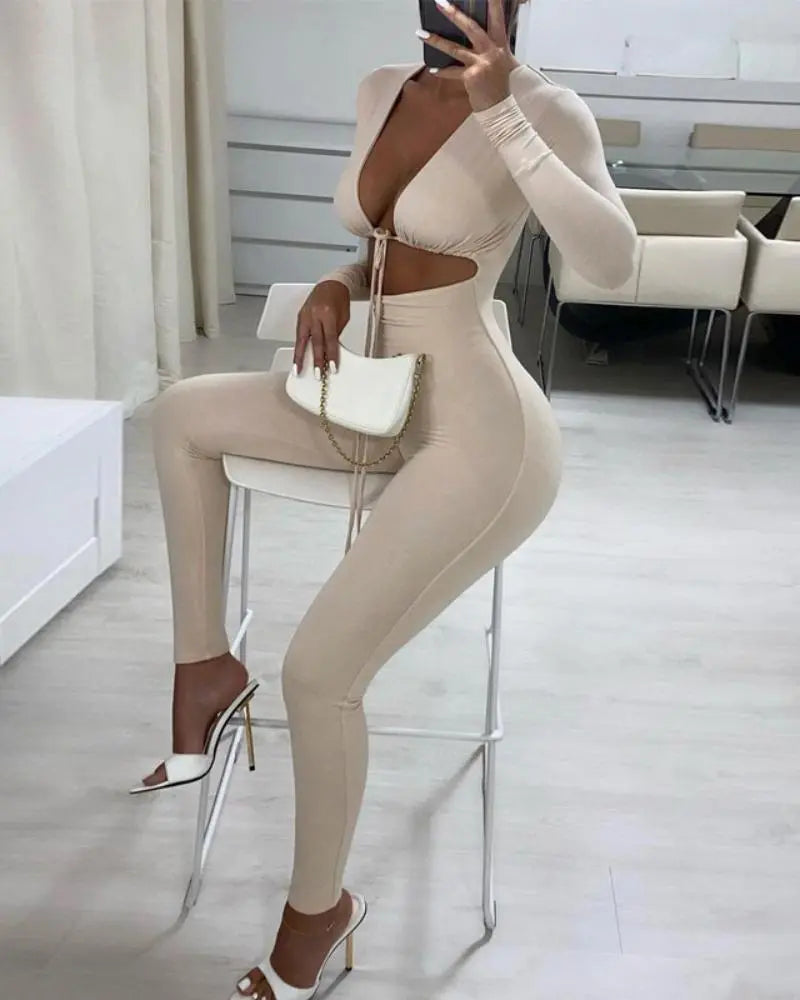 Women's Long Sleeve Tie Front Hollow Out Bodycon Jumpsuit
