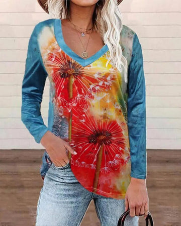 Women's Long Sleeves Easter Dandelion Printed Crew Neck T-shirt Hippie Tops